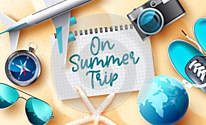 Summer vacation vector concept design. Summer trip text with 3d notepad, airplane and compass travel elements for beach holiday to