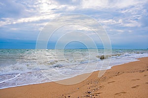 Summer vacation view of the blue sky with beautiful sea. wave ocean on sandy beach. for travel in the holidays. nature background