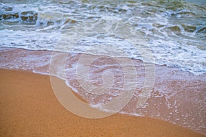 Summer vacation view of the blue sky with beautiful sea. wave ocean on sandy beach. for travel in the holidays. nature background