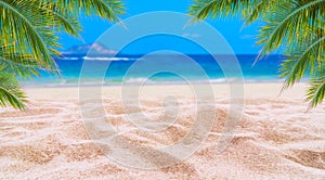 Summer vacation white sand beach with space for text coconut leaves rear frame sea view energetic floor photo