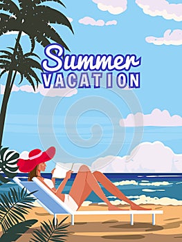 Summer Vacation woman in chaise lounge with book in the red hat on the beach, coast tropical resort, palms, ocean. Retro