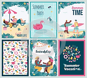 Summer vacations cards set with tropical elements cartoon vector illustration.