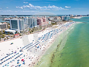 Summer vacations in Florida. Panorama of Ocean beach and Resorts in US. Blue-turquoise color of water. American Coast or shore. Is