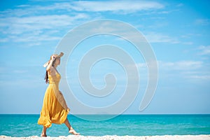 Summer vacations. Lifestyle woman relax and chill on beach background.