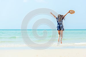 Summer vacations. Lifestyle woman relax and chill on beach background.