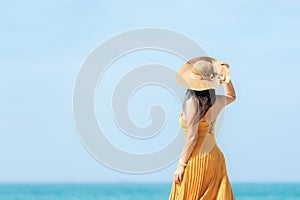 Summer vacations. Lifestyle woman relax and chill on beach background