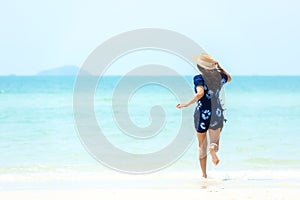 Summer vacations. Lifestyle woman relax and chill on beach background