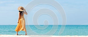 Summer vacations. Lifestyle woman relax and chill on beach background.