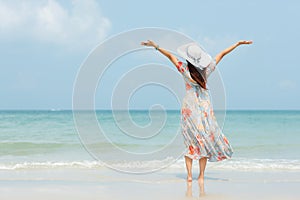 Summer vacations. Lifestyle woman relax and chill on beach background.