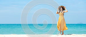 Summer vacations. Lifestyle woman relax and chill on beach background.