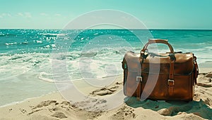 Summer vacations sand, nature, relaxation, coastline, blue water, travel bag photo