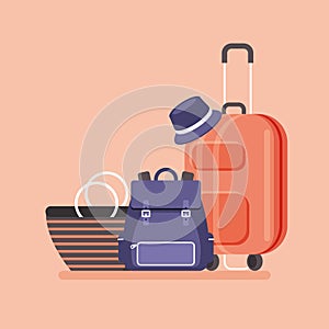 Summer vacations, Summer holidays, Summer travel. Travel luggage packed.