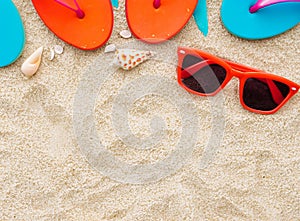 Summer vaction beach background, flip flops, sunglasses, copy space