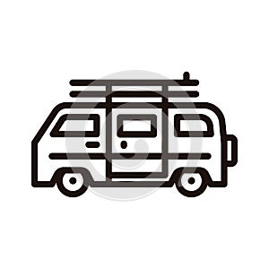 Summer van vehicle with surf boards icon. Vector thin line icon for beach, surfing, hippie, outdoor adventures, vacation concepts