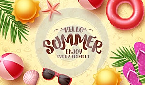 Summer vector background design. Hello summer greeting text in doodle pattern space
