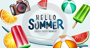 Summer vector background design. Hello summer greeting text with popsicle, beach balls and fruits tropical season elements.