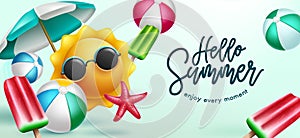 Summer vector background design. Hello summer greeting text with popsicle, beach balls and fruits tropical season elements.