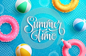 Summer vector background design. It`s summer time typography text in water element with floaters and beach ball objects.