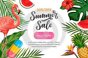 Summer vector background with flamingo, tropical leaves, hand drawn calligraphy. Sale banner, poster design template