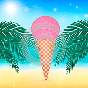 Summer vector background with sea, palm leaves and cone ice cream. Blurred bokeh backdrop. Vacation and tropical beach party