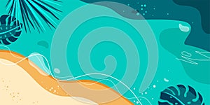 Summer vector background. Wave water, sea, beach, sand with palm and monstera leaves in modern simple flat style. Top