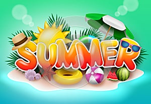 Summer vector banner design. Summer text in beach island background with sun and umbrella elements for fun and enjoy.