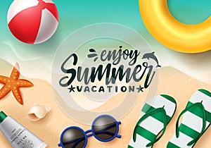 Summer vector banner design. Summer vacation text in beach seaside background with beach elements like floater, beach ball.