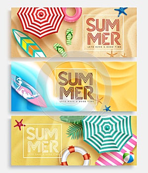 Summer vector banner set design. Summer text in frame decoration with sand beach elements and background for tropical season.
