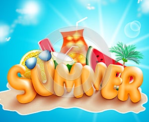 Summer vector concept design. Summer 3d text in island beach with fun and relax vacation elements like juice drinks.