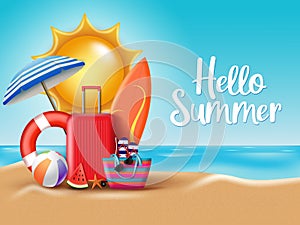 Summer vector design. Hello summer greeting text in beach with colorful beach elements.