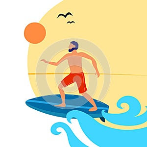 Summer vector illustration with cartoon surfing boy on the surf board, decor elements. Colorful flat style. hand drawing. Surfing.