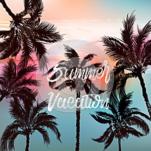 Summer vector illustration. Palm trees, ocean, sunrise