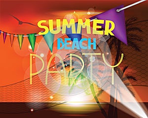 Summer vector illustration with sunset beach landscape palm trees and volleyball net. Summer beach party