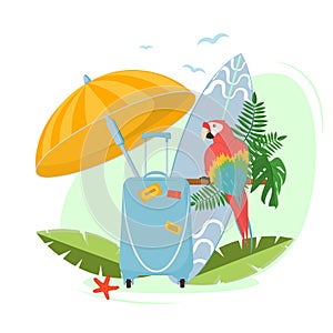 Summer vector illustration on the theme of holidays and vacations in tropical countries.