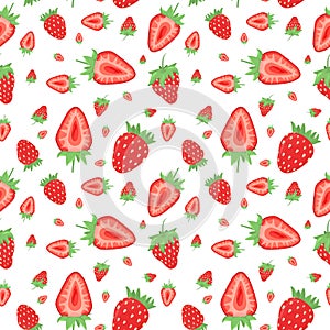 Summer vector pattern with whole and cut strawberries