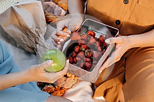 Summer vegan vegetarian picnic food, lunch meal outdoors in park. picnic in summer with strawberries, fruits, juice on