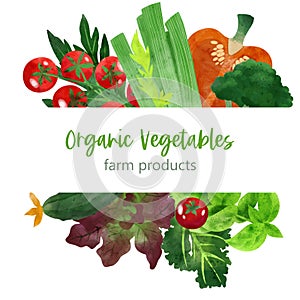 Summer veggies banner, hand drawn vector watercolor illustration