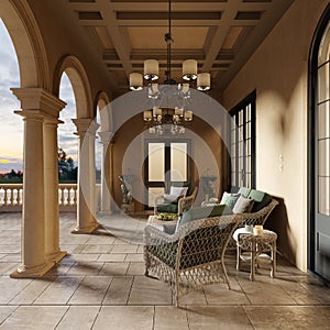 Summer veranda in a classic style with columns and stone floors with wicker furniture and illuminated by the evening sun
