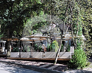 Summer verandas of cafes in `Kislovodsk National Park`, Russia, Europe.