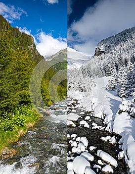 Summer versus winter aerial view of an amazing landscape of a river at the bottom of the mountains with forest next to it