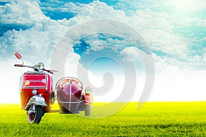 Summer with Vespa,  red cars and clear sky Suitable for writing messages