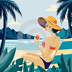 Summer vibe. Beautiful young woman in a hat and swimsuit drinks a cocktail on the beach .Vector flat illustration