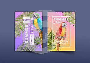 Summer Vibe Party Poster and Ticket with Parrot and Palm Leaves. Social Media Promo Design, Tropical Island Invitation photo