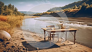 Summer Vibes: An Award-winning Hyper-realistic Photo Of An Empty Table On A River