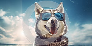 Summer Vibes Cute Siberian Huskie Dog Sunglasses Funny Expressions Beach Adventure. Generative AI