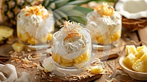 Summer vibes in a dish a refreshing dessert consisting of pineapple and coconut in a blissful setting photo