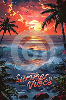 Summer vibes lettering on the vertical illustration invitation poster, vibrant retro wave style summertime background