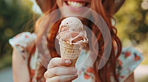 Summer vibes young woman savoring a delicious ice cream outdoors, creating a refreshing summer mood