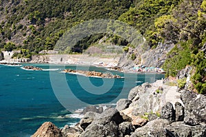 Summer view of Arena beach and walkway. Framura. La Spezia province. Liguria. Italy