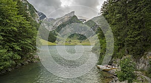 Summer view on the Bachalpsee, an alpine lake in Switserland. Surrounded by high steep mountains and forest.